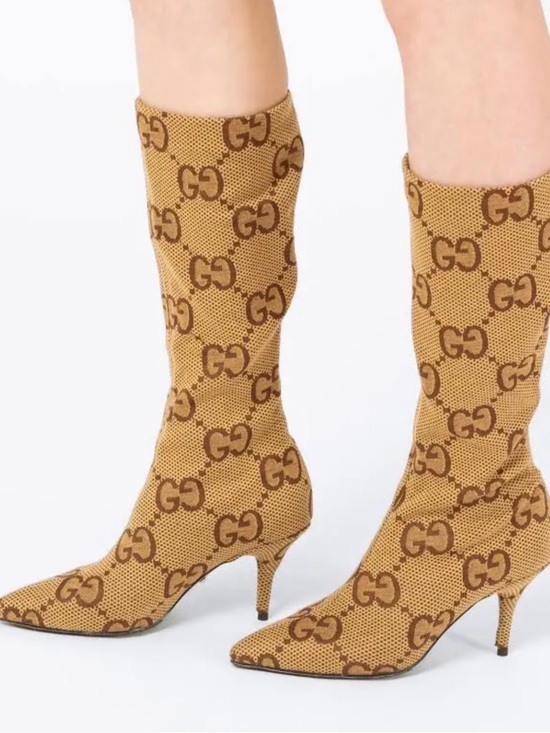 Gucci Shoes - Authentic gucci-x-balenciaga Brown Beige Monogram Stretch Pointed-Toe Heel Boots